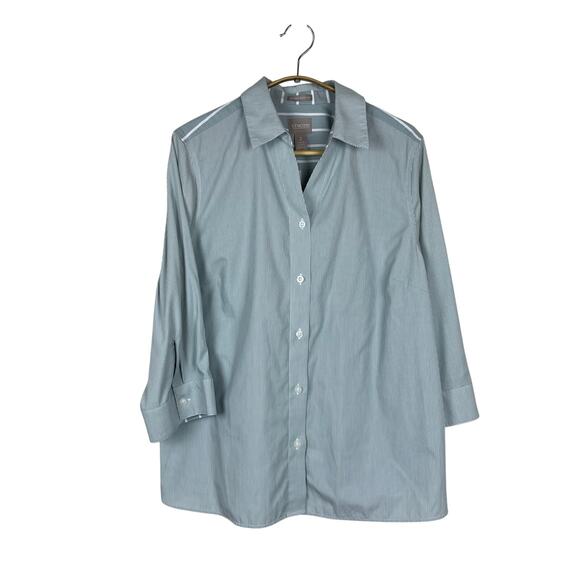 Chico’s Wrinkle Resistant Cotton Top Size 2 (L) – Sage White Stripe 3/4 Sleeve‎ - Picture 1 of 6